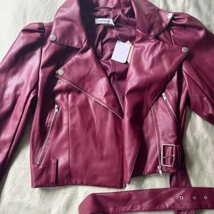 Puff Sleeve Faux Leather Jacket, Burgundy